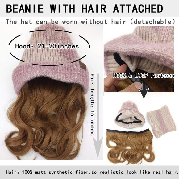 Women Beanie Neckerchief with Detachable Hair Plush Warm Winter Hat